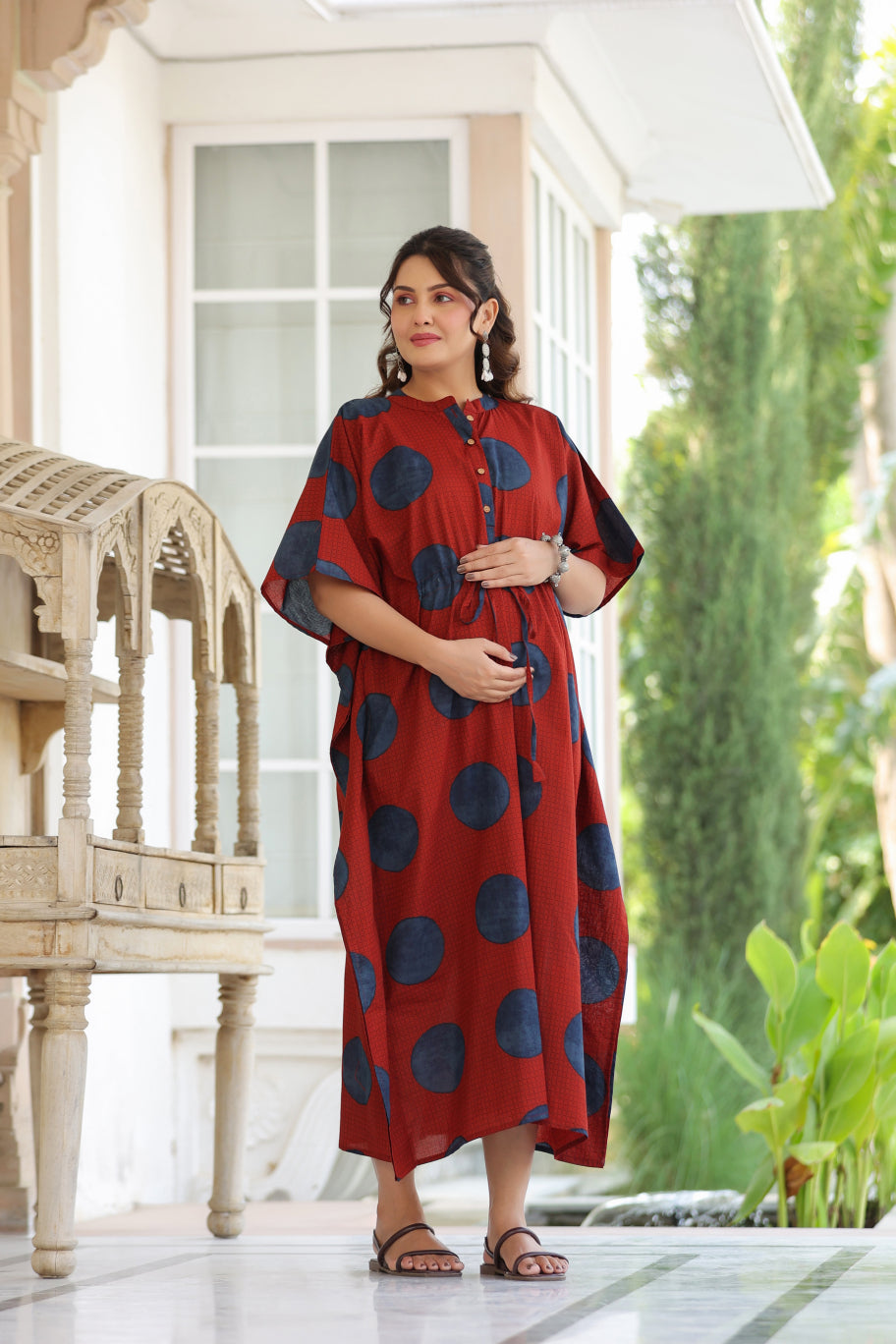 Terracotta Pebble Cotton Maternity - Nursing Kaftan ( One-Size )