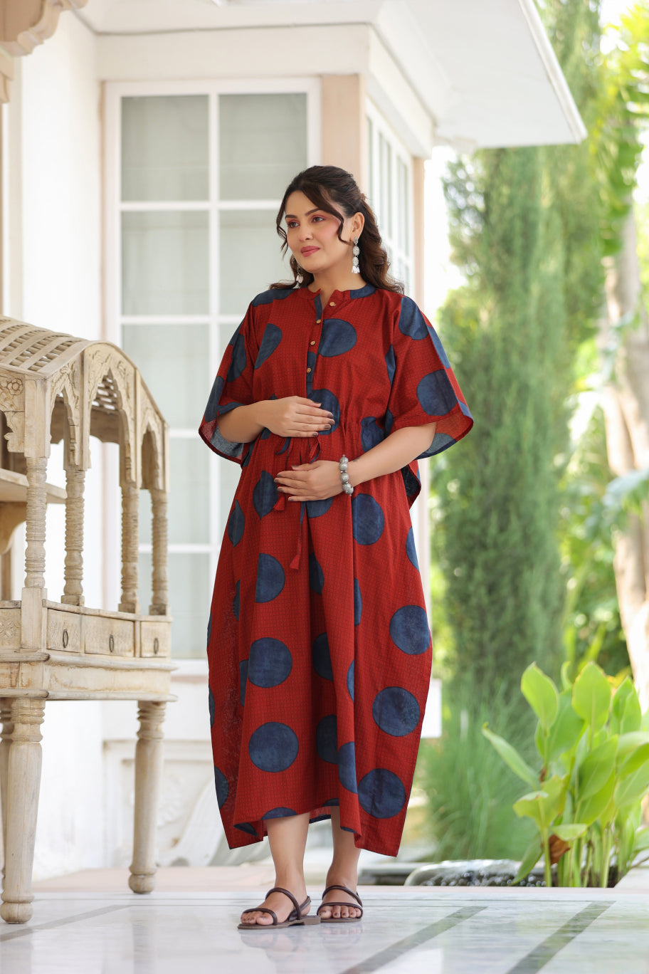 Terracotta Pebble Cotton Maternity - Nursing Kaftan ( One-Size )