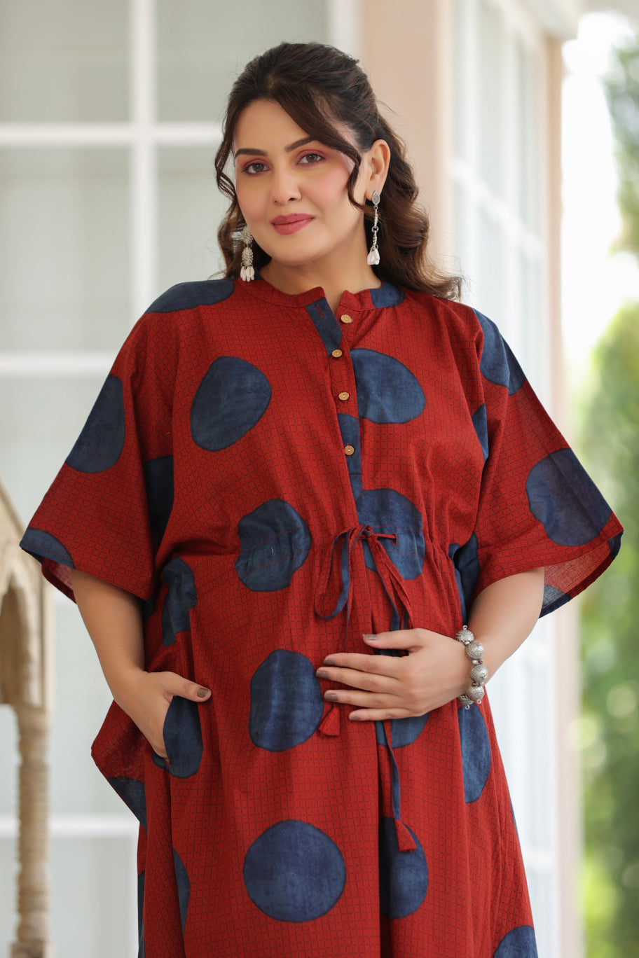 Terracotta Pebble Cotton Maternity - Nursing Kaftan ( One-Size )