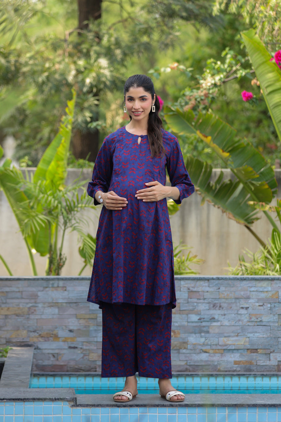 Indigo Maze Cotton Maternity - Nursing Co-ord Set