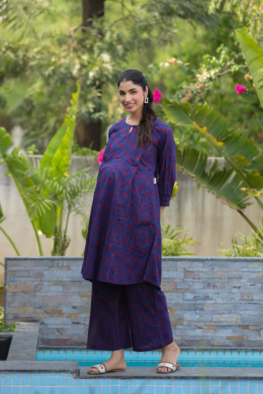 Indigo Maze Cotton Maternity - Nursing Co-ord Set