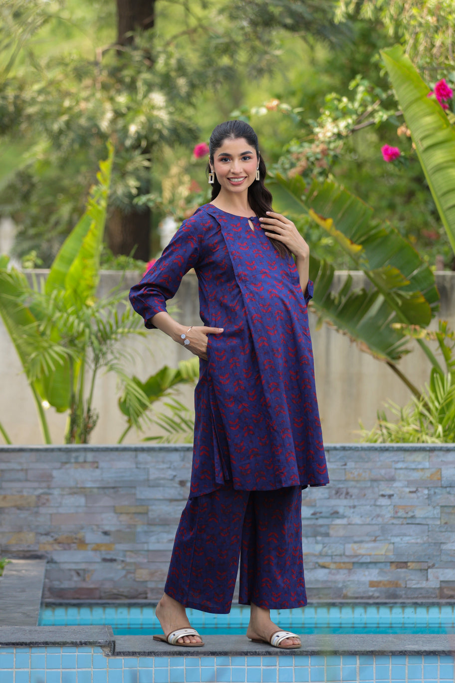 Indigo Maze Cotton Maternity - Nursing Co-ord Set