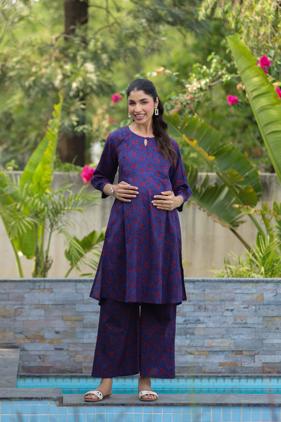 Indigo Maze Cotton Maternity - Nursing Co-ord Set