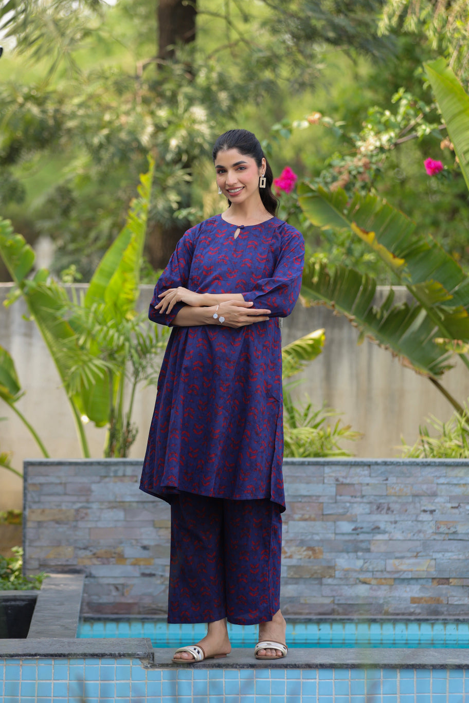 Indigo Maze Cotton Maternity - Nursing Co-ord Set