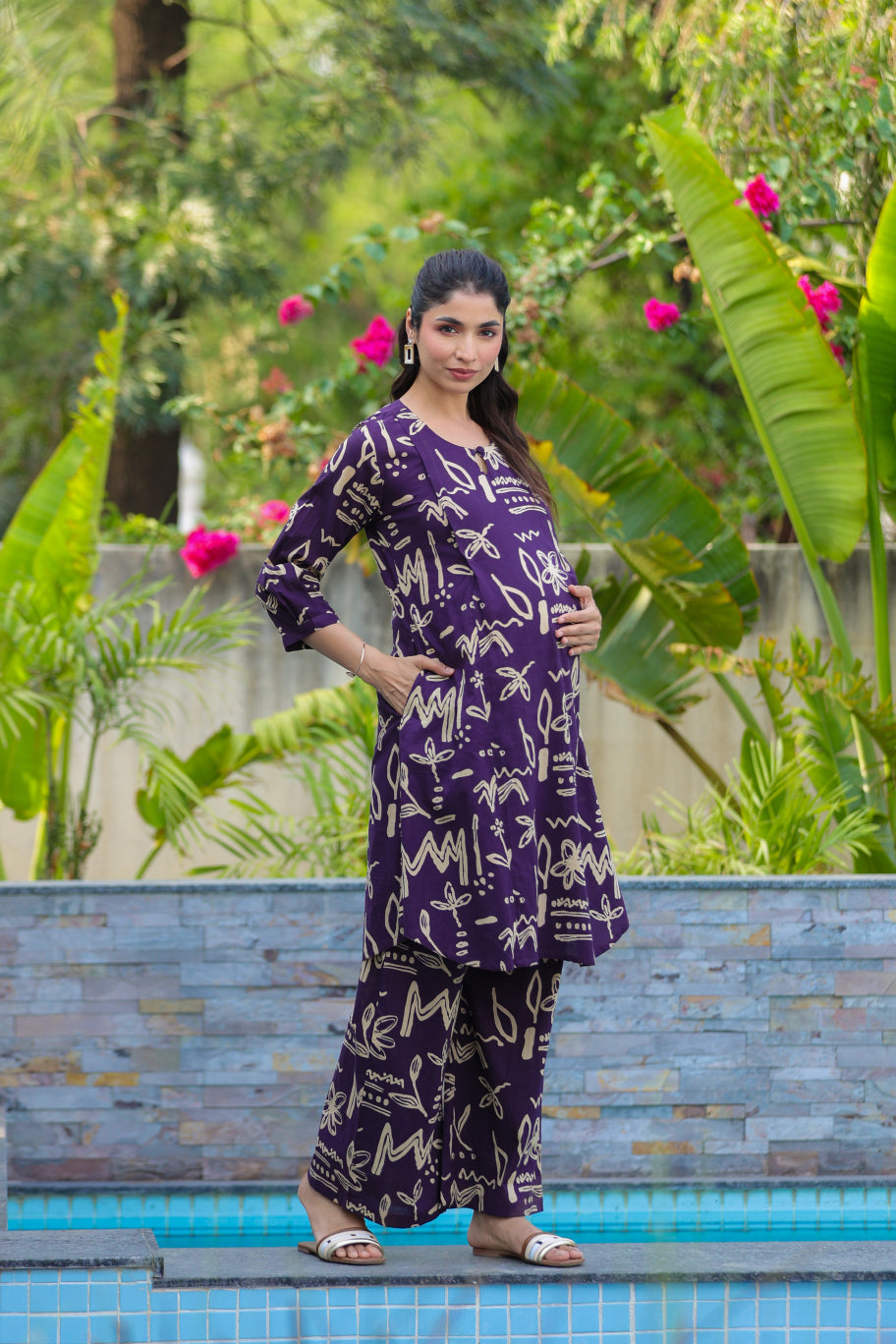 Purple Doodle Garden Cotton Maternity - Nursing Co-ord Set