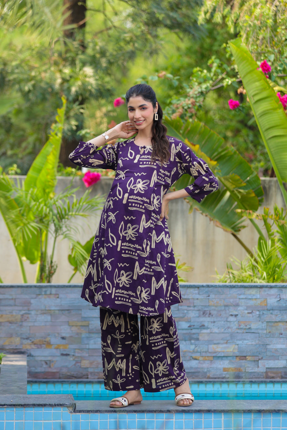 Purple Doodle Garden Cotton Maternity - Nursing Co-ord Set