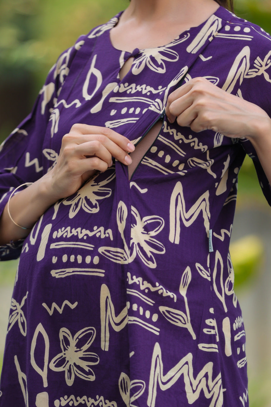 Purple Doodle Garden Cotton Maternity - Nursing Co-ord Set