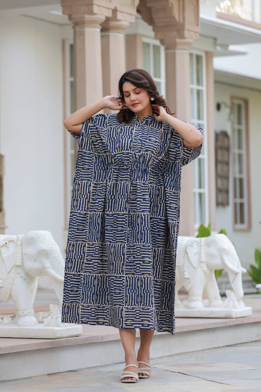 Indigo Maze Cotton Kaftan ( One-Size )