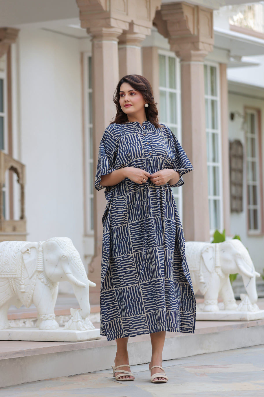 Indigo Maze Cotton Kaftan ( One-Size )