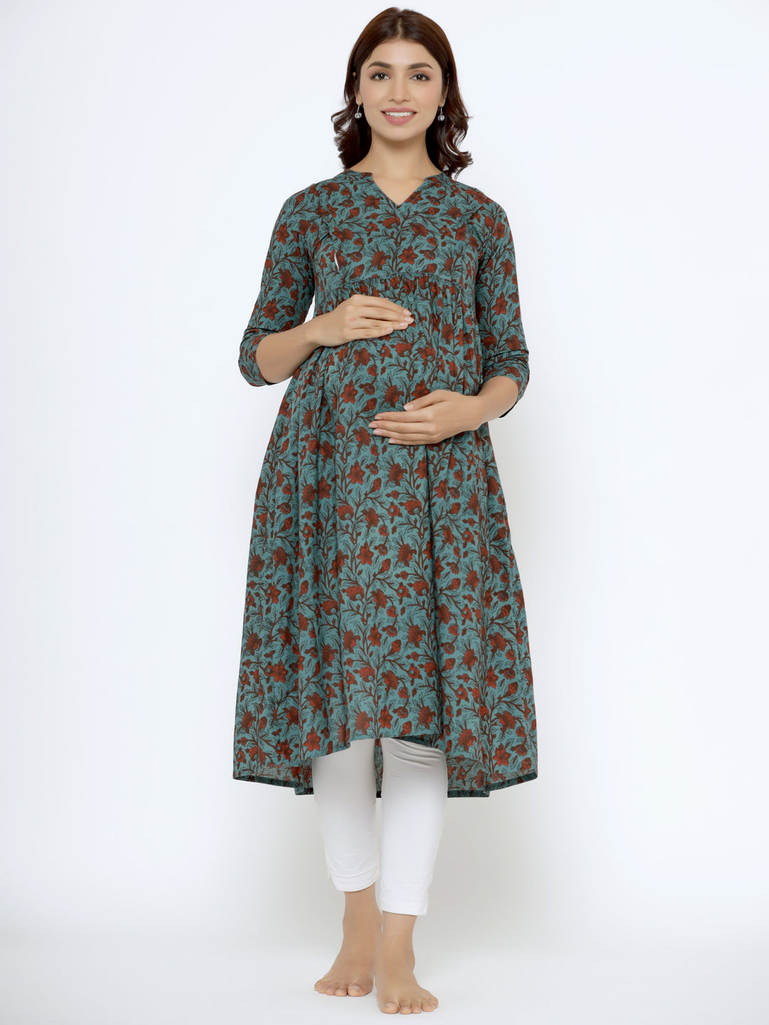 Peacock Blue Cotton Maternity - Nursing Kurta
