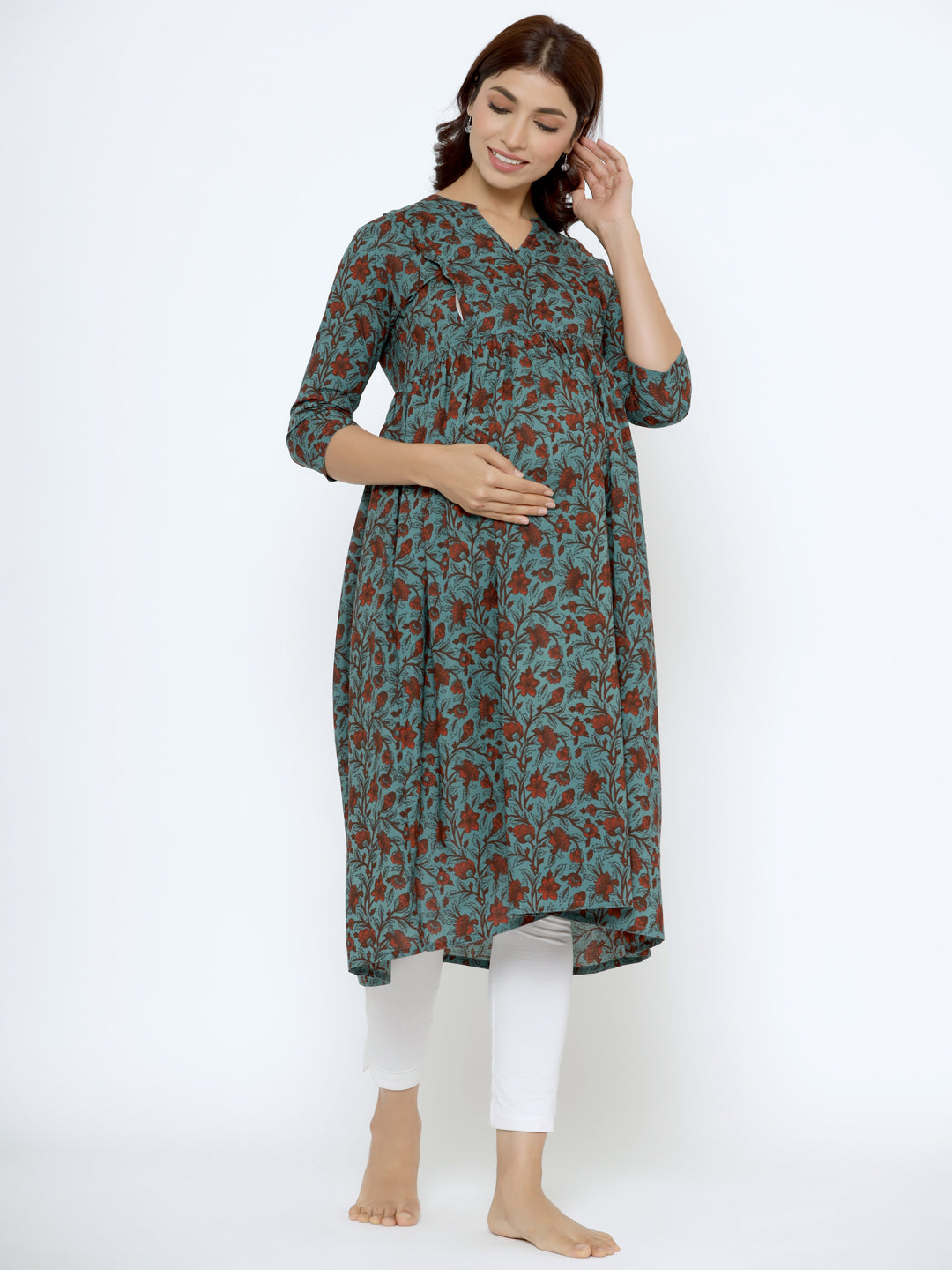 Peacock Blue Cotton Maternity - Nursing Kurta
