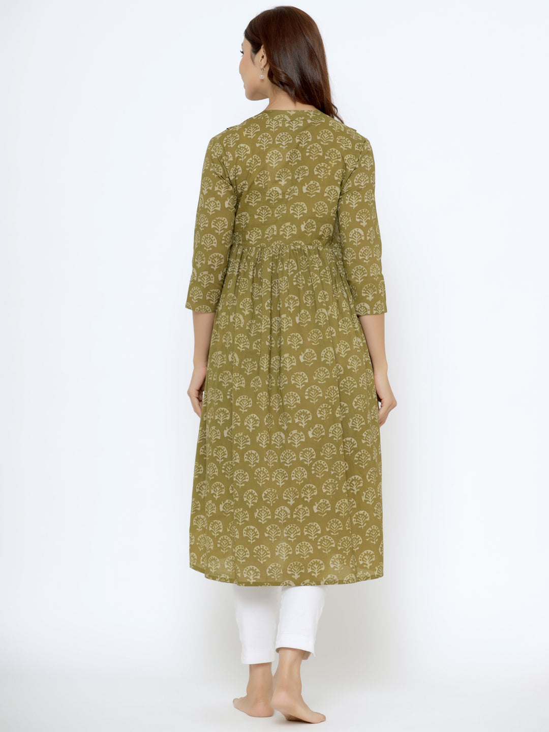 Olive Green Booti Cotton Maternity - Nursing Kurta