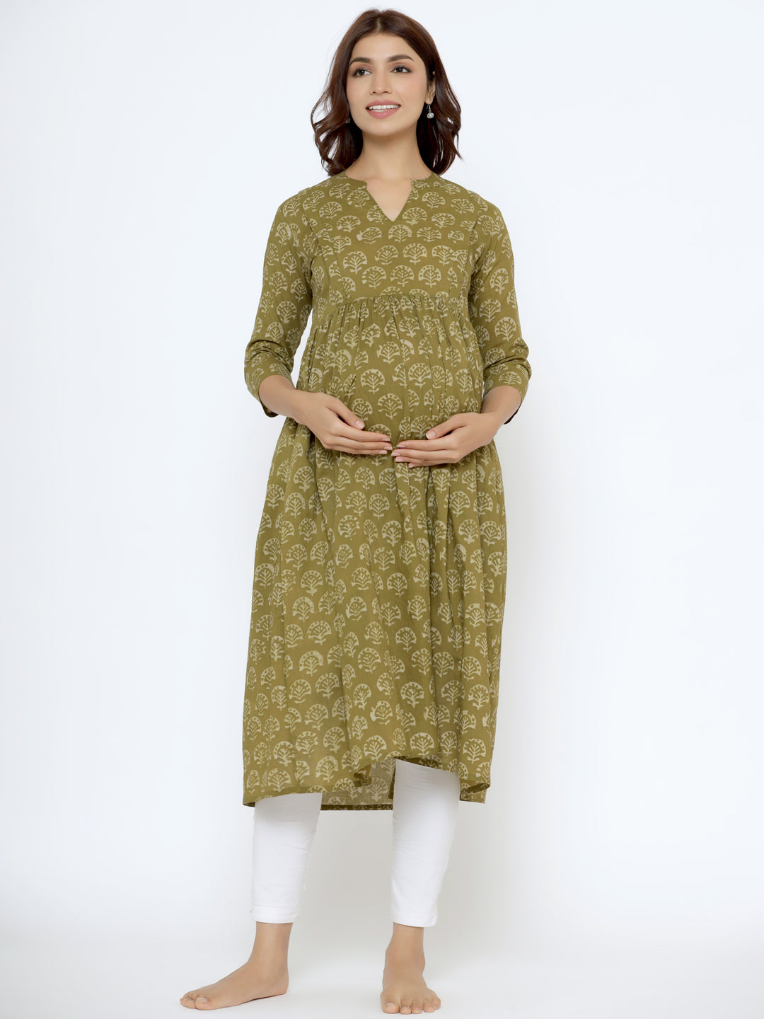 Olive Green Booti Cotton Maternity - Nursing Kurta
