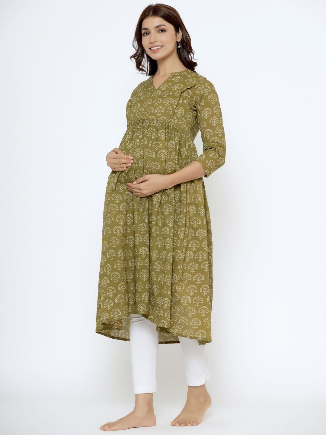 Olive Green Booti Cotton Maternity - Nursing Kurta