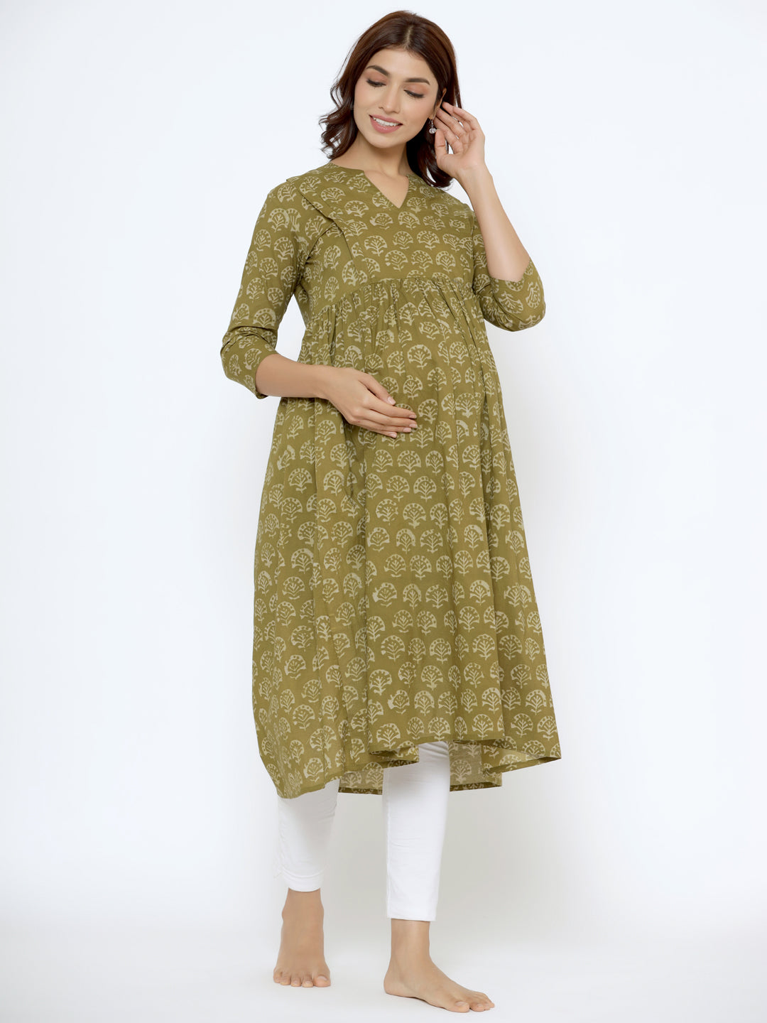 Olive Green Booti Cotton Maternity - Nursing Kurta