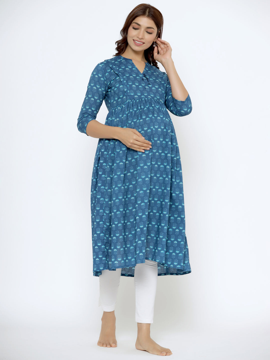 Sapphire Blue Cotton Maternity - Nursing Kurta