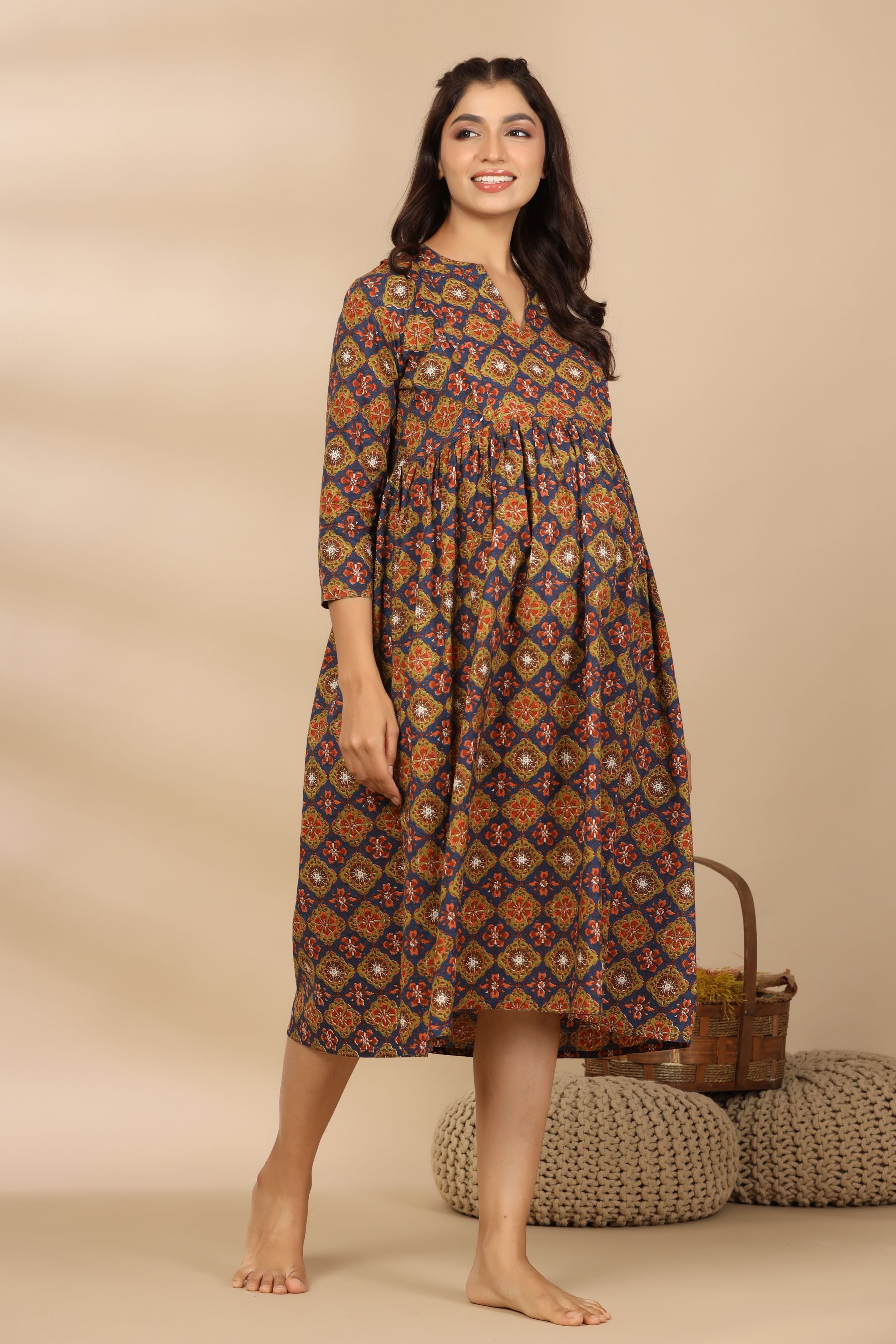Blooming Blue Ajrakh Cotton Maternity - Nursing Dress