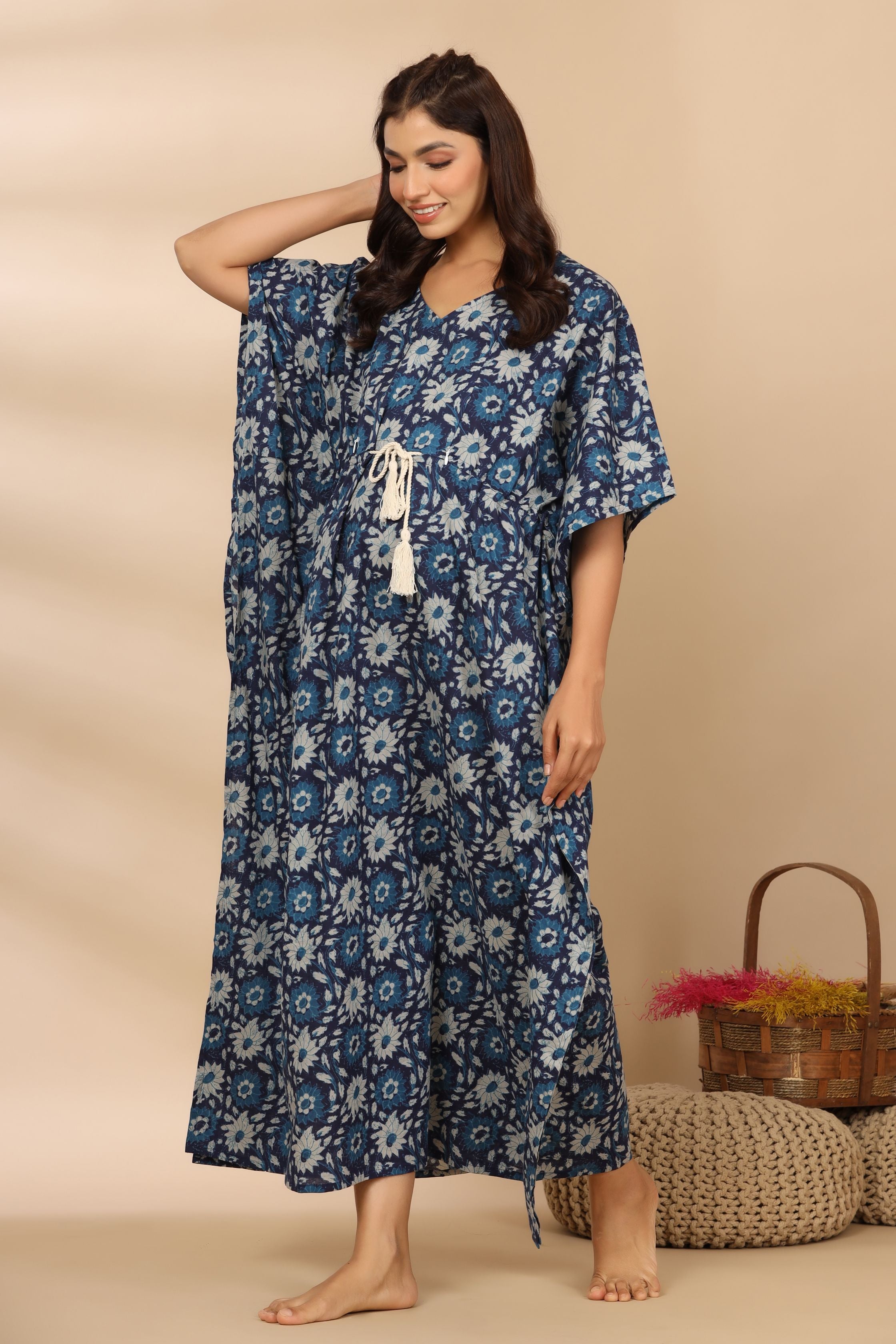 Indigo Dye Floral Cotton Maternity - Nursing Kaftan ( One-Size )