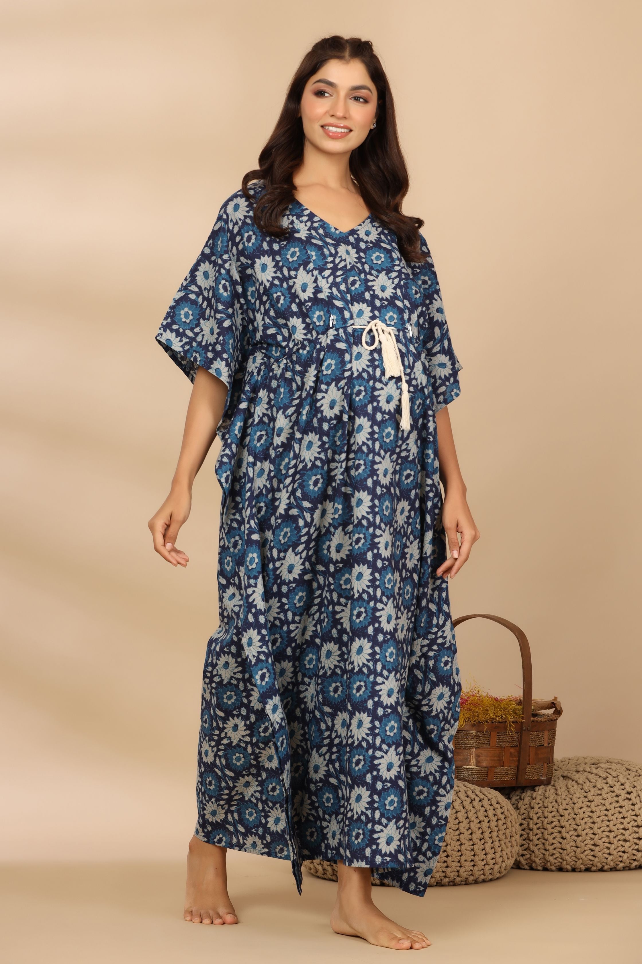 Indigo Dye Floral Cotton Maternity - Nursing Kaftan ( One-Size )