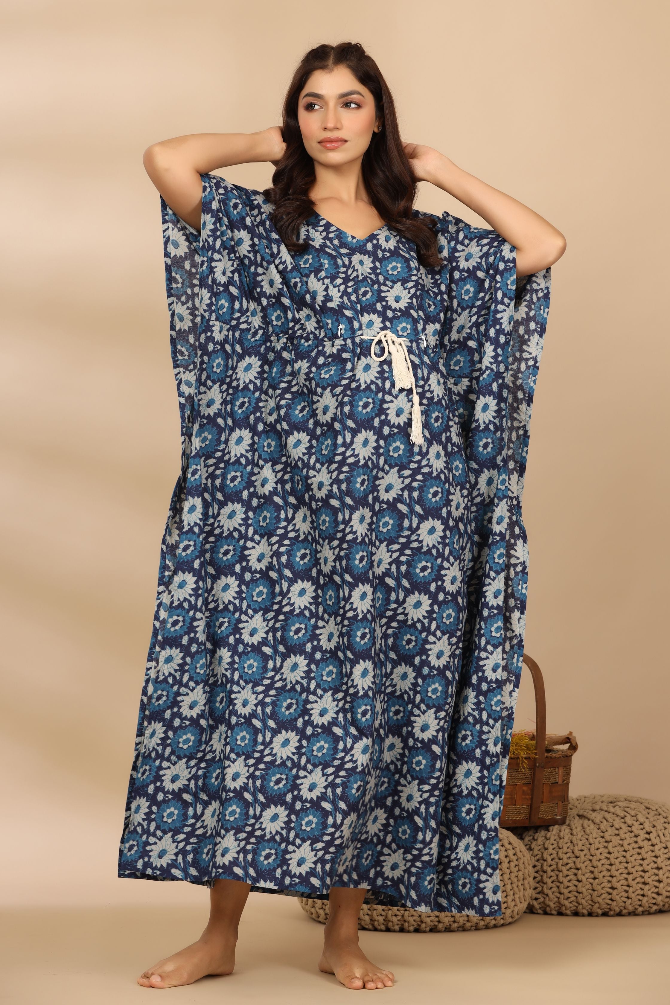 Indigo Dye Floral Cotton Maternity - Nursing Kaftan ( One-Size )