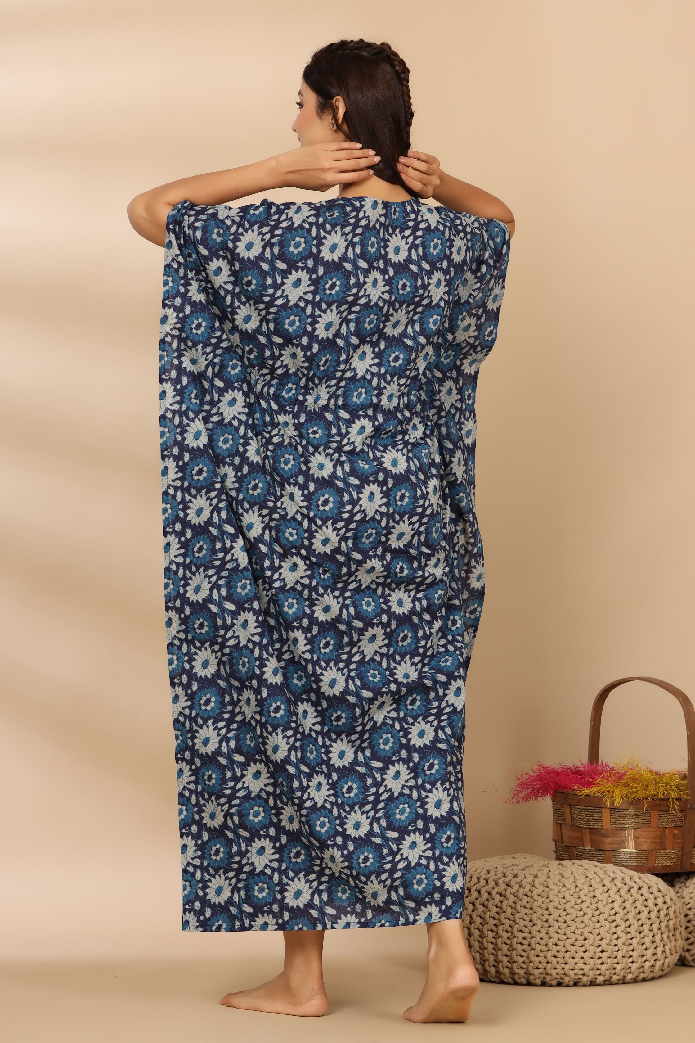 Indigo Dye Floral Cotton Maternity - Nursing Kaftan ( One-Size )