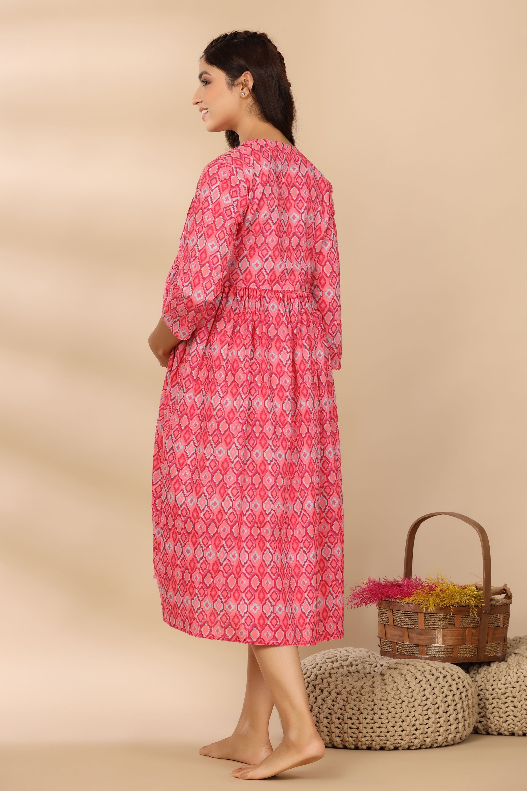 Flamingo Pink Ikkat Cotton Maternity - Nursing Dress