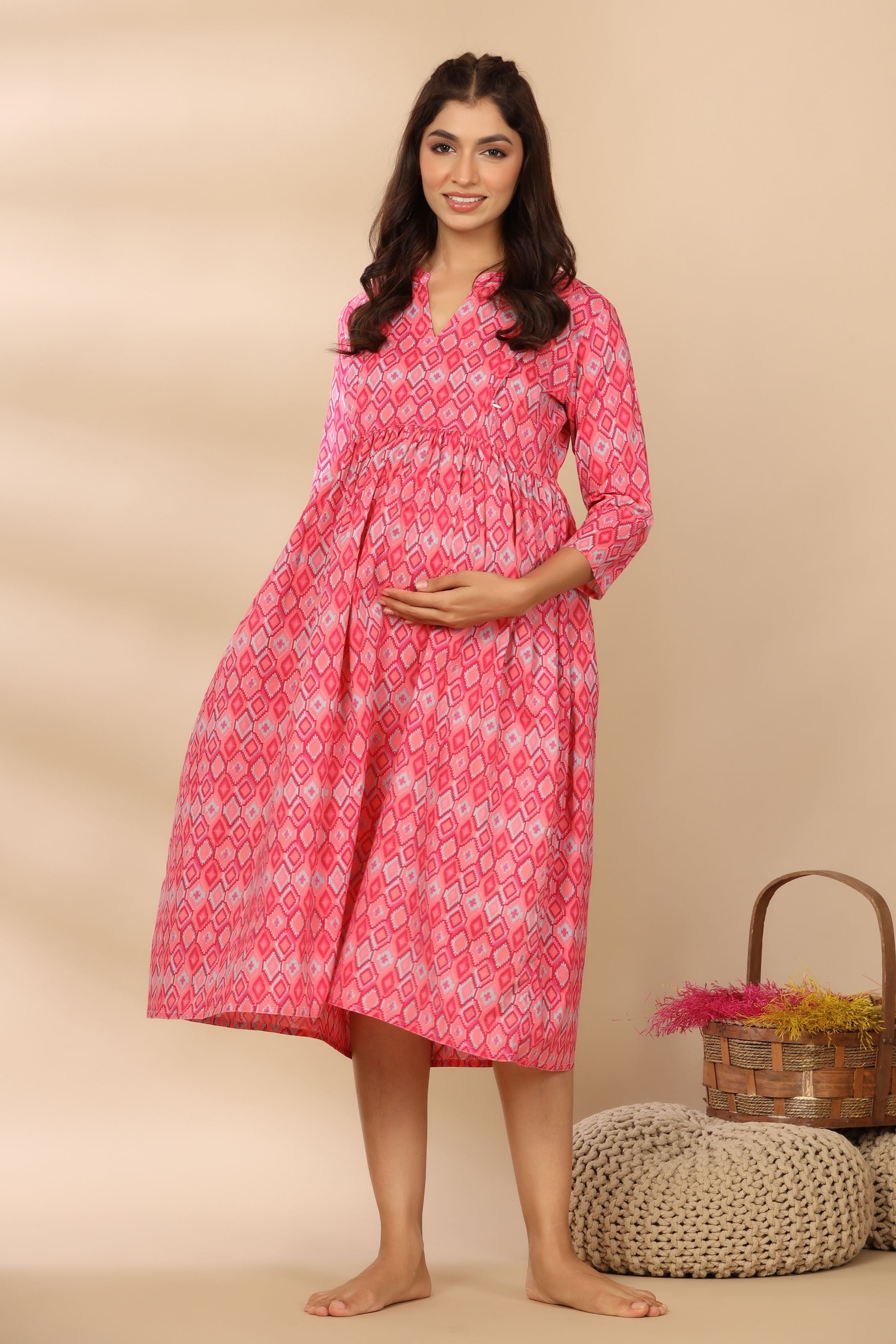 Flamingo Pink Ikkat Cotton Maternity - Nursing Dress