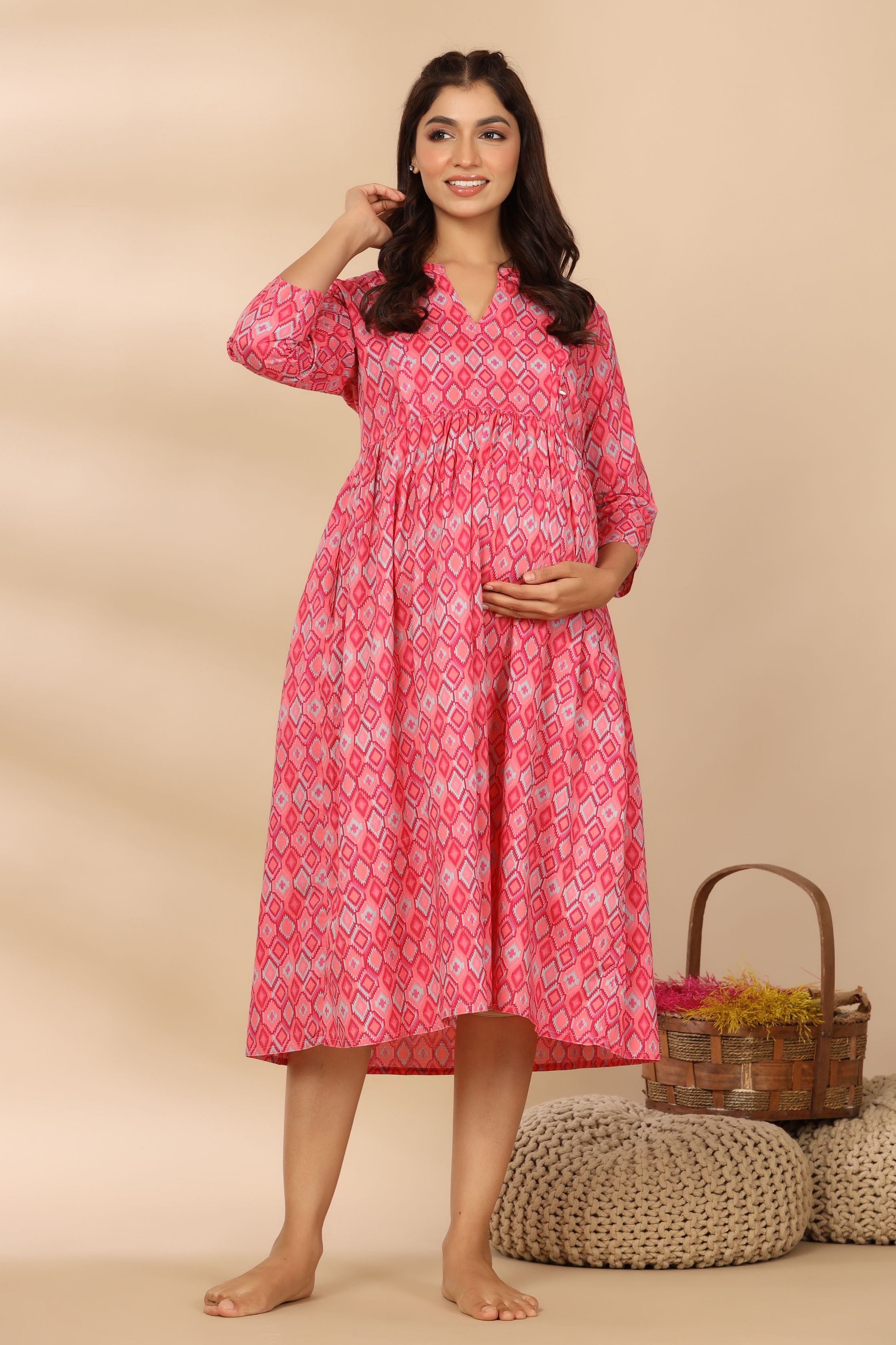 Flamingo Pink Ikkat Cotton Maternity - Nursing Dress