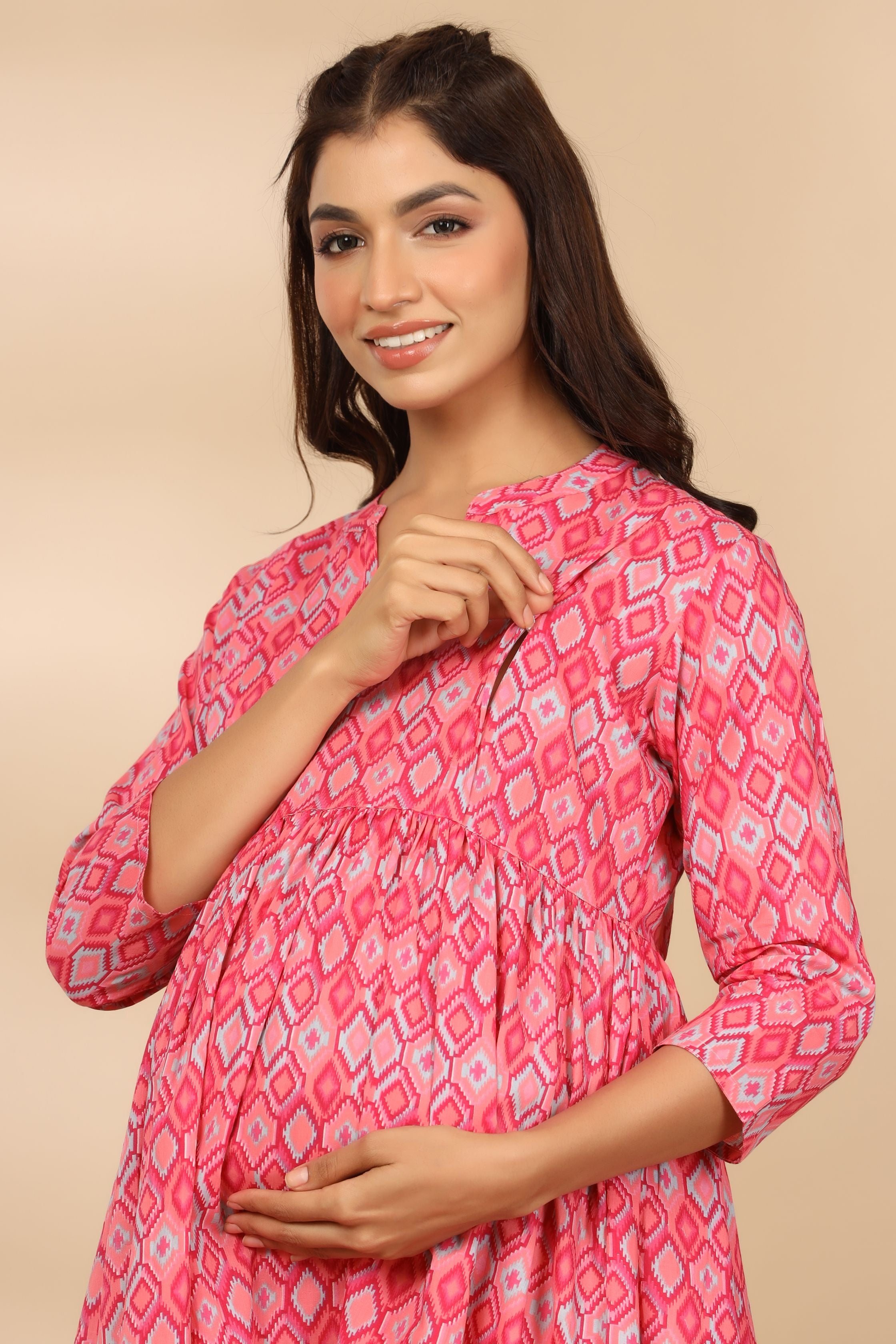 Flamingo Pink Ikkat Cotton Maternity - Nursing Dress