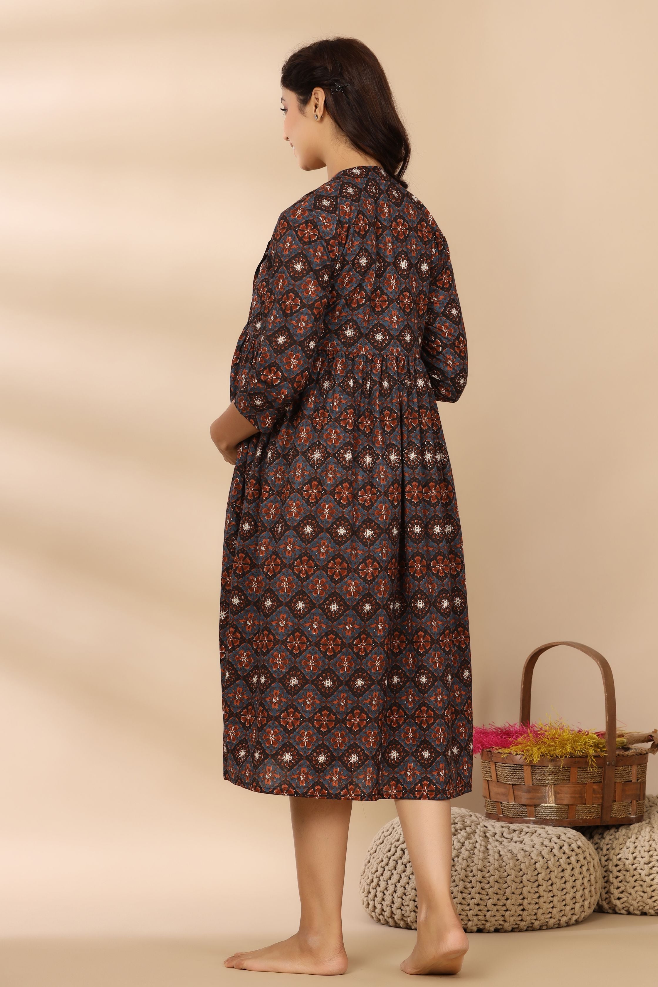 Midnight Grey Ajrakh Cotton Maternity - Nursing Dress