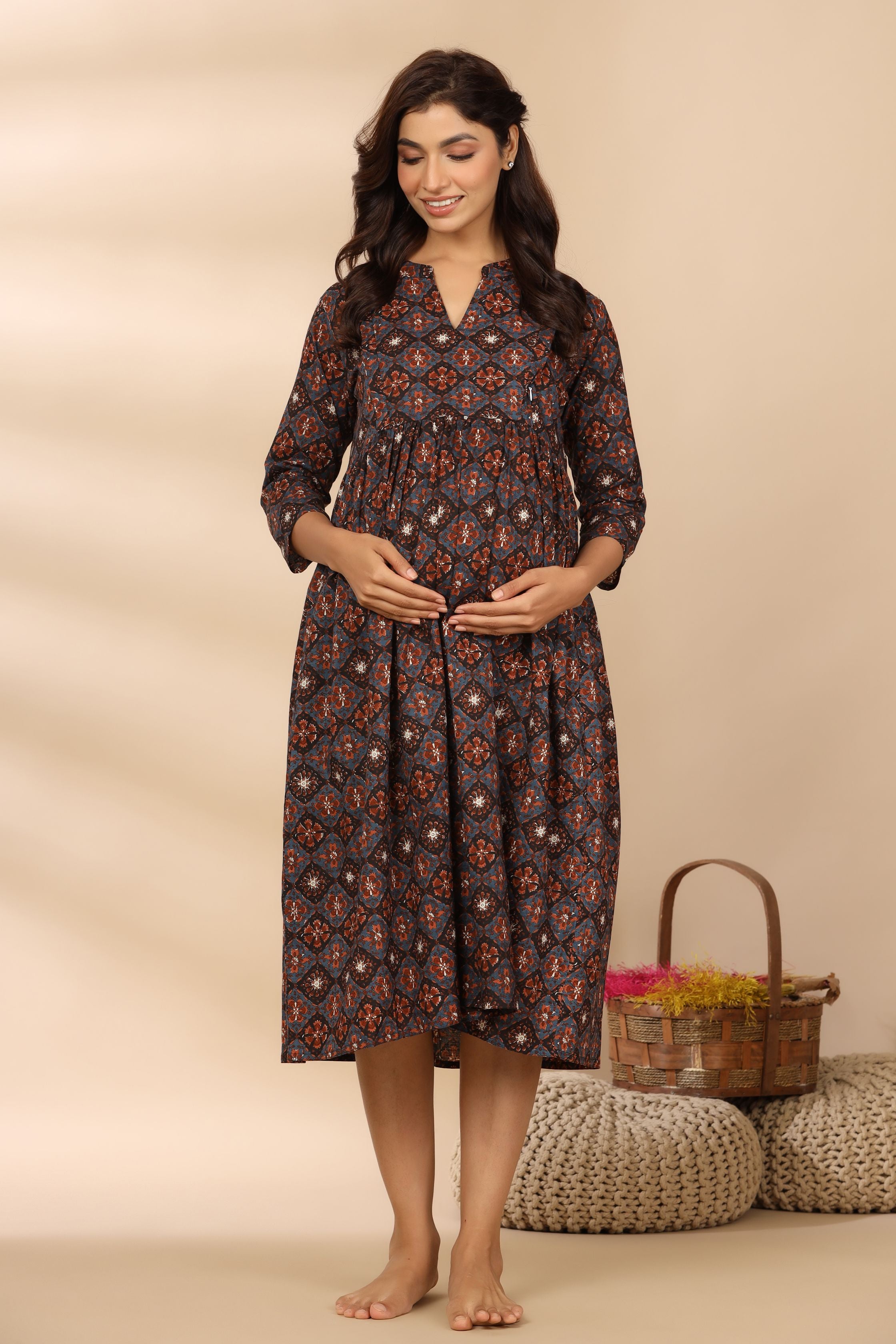 Midnight Grey Ajrakh Cotton Maternity - Nursing Dress