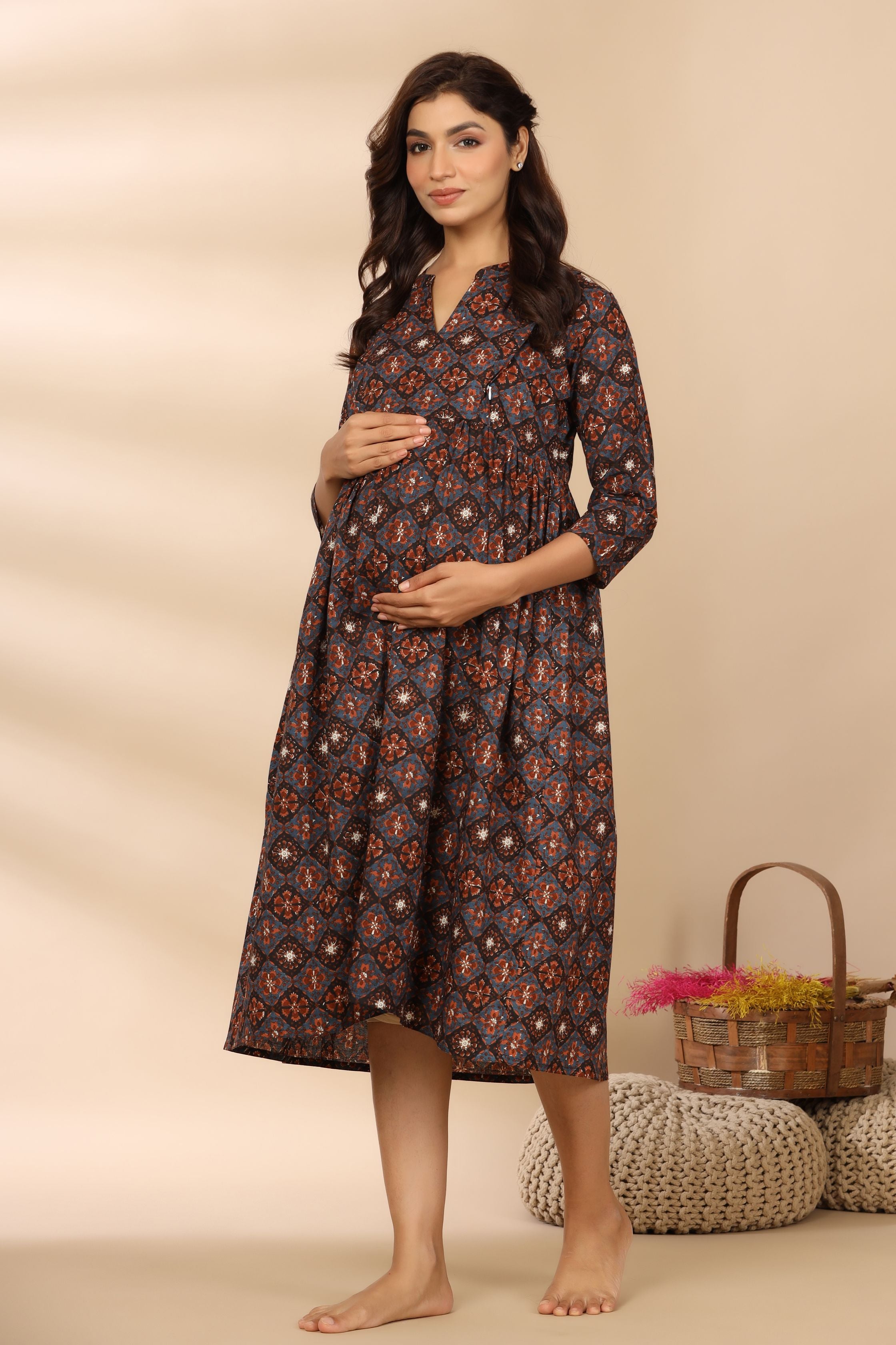 Midnight Grey Ajrakh Cotton Maternity - Nursing Dress