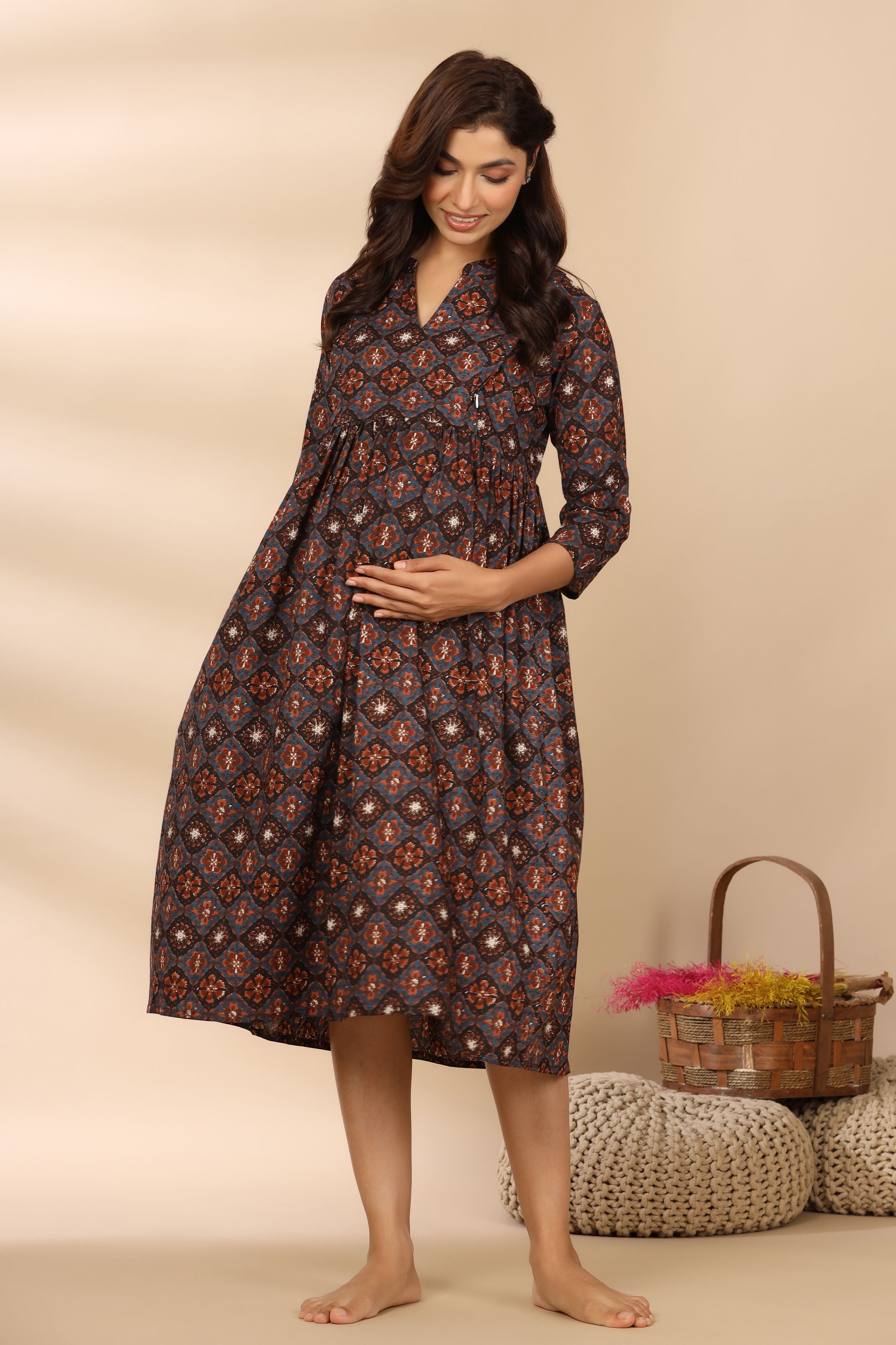 Midnight Grey Ajrakh Cotton Maternity - Nursing Dress