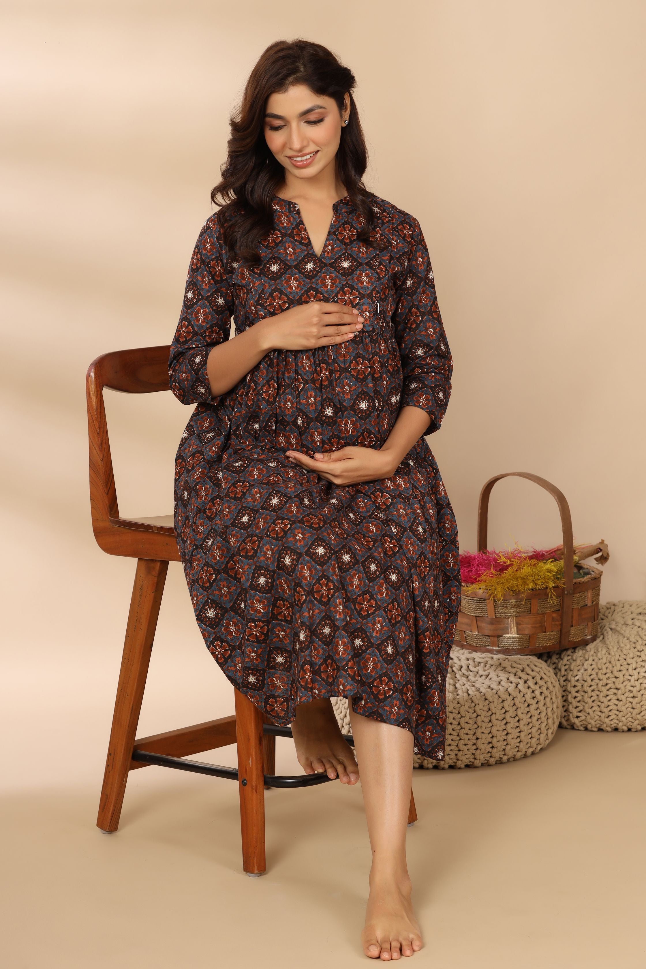 Midnight Grey Ajrakh Cotton Maternity - Nursing Dress