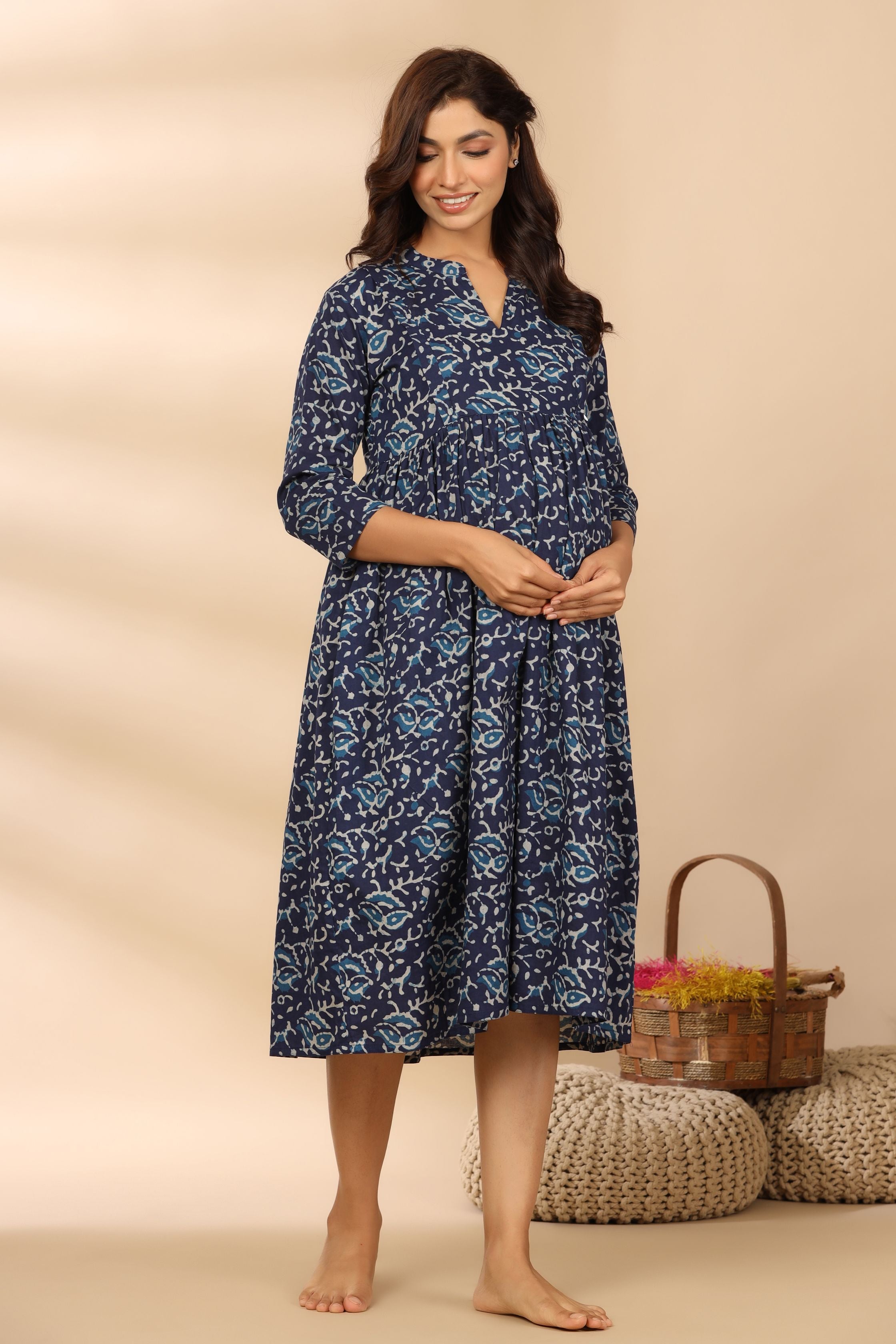 Deep Indigo Cotton Maternity - Nursing Dress