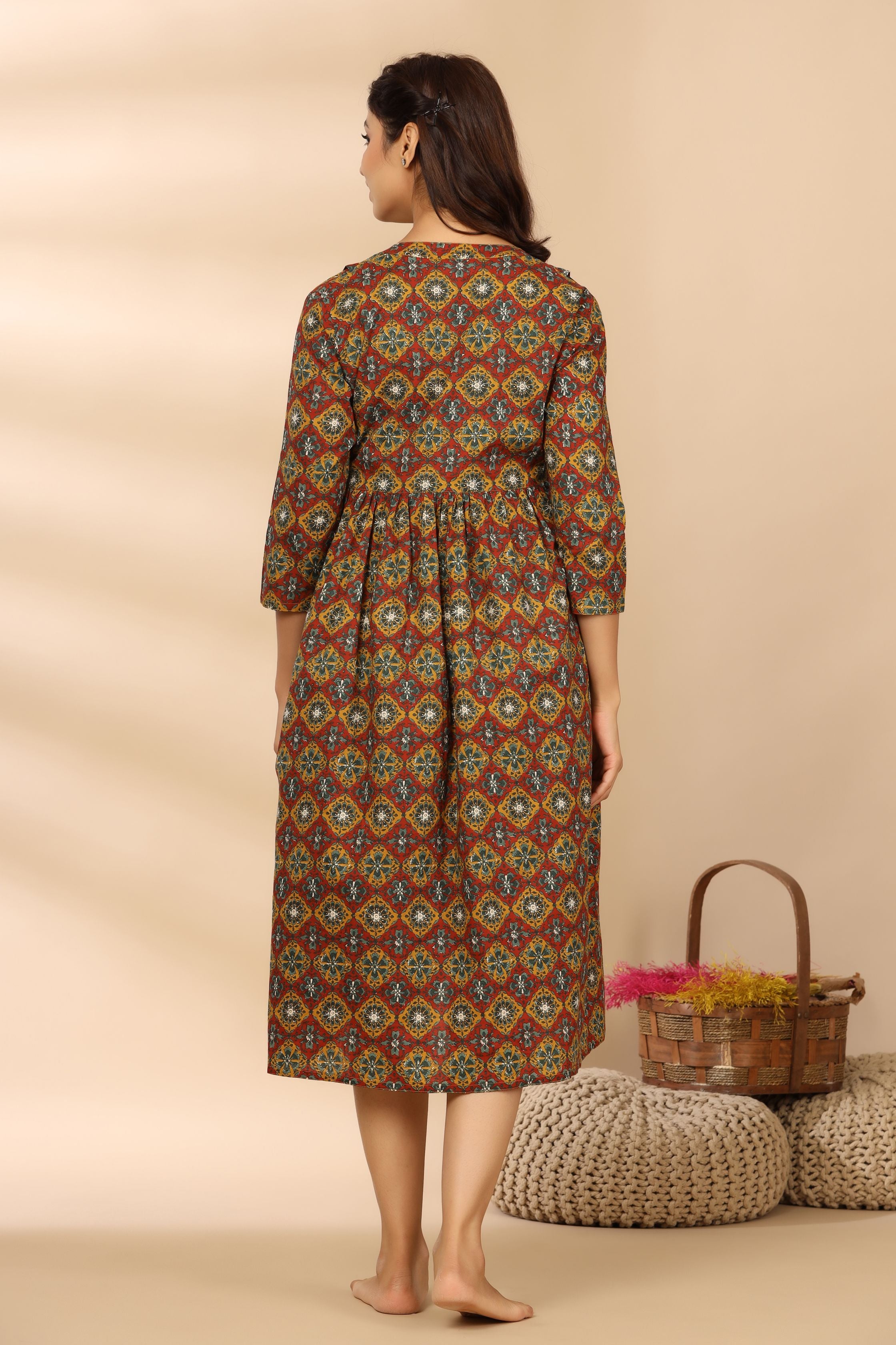 Goldrush Ajrakh Cotton Maternity - Nursing Dress