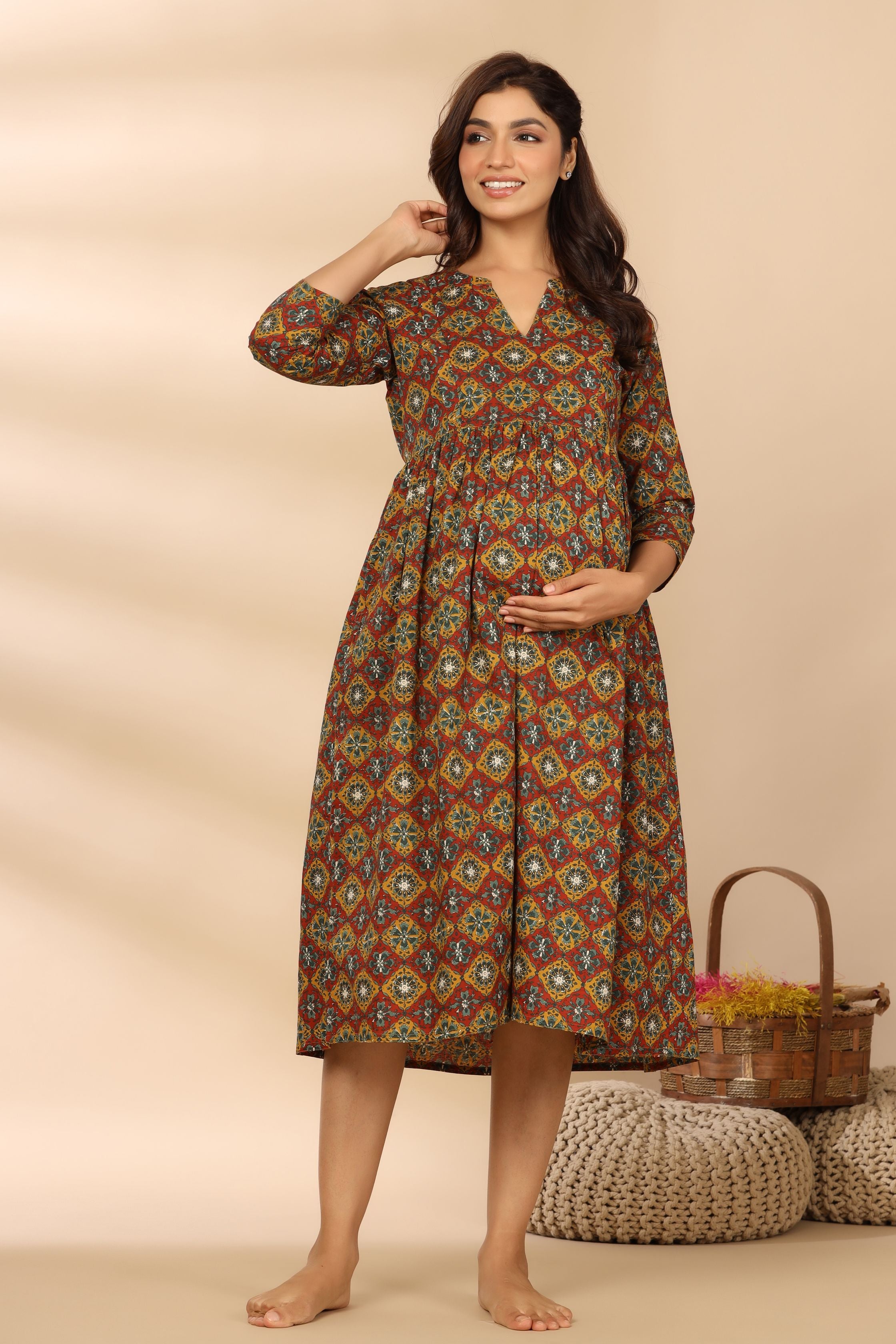 Goldrush Ajrakh Cotton Maternity - Nursing Dress