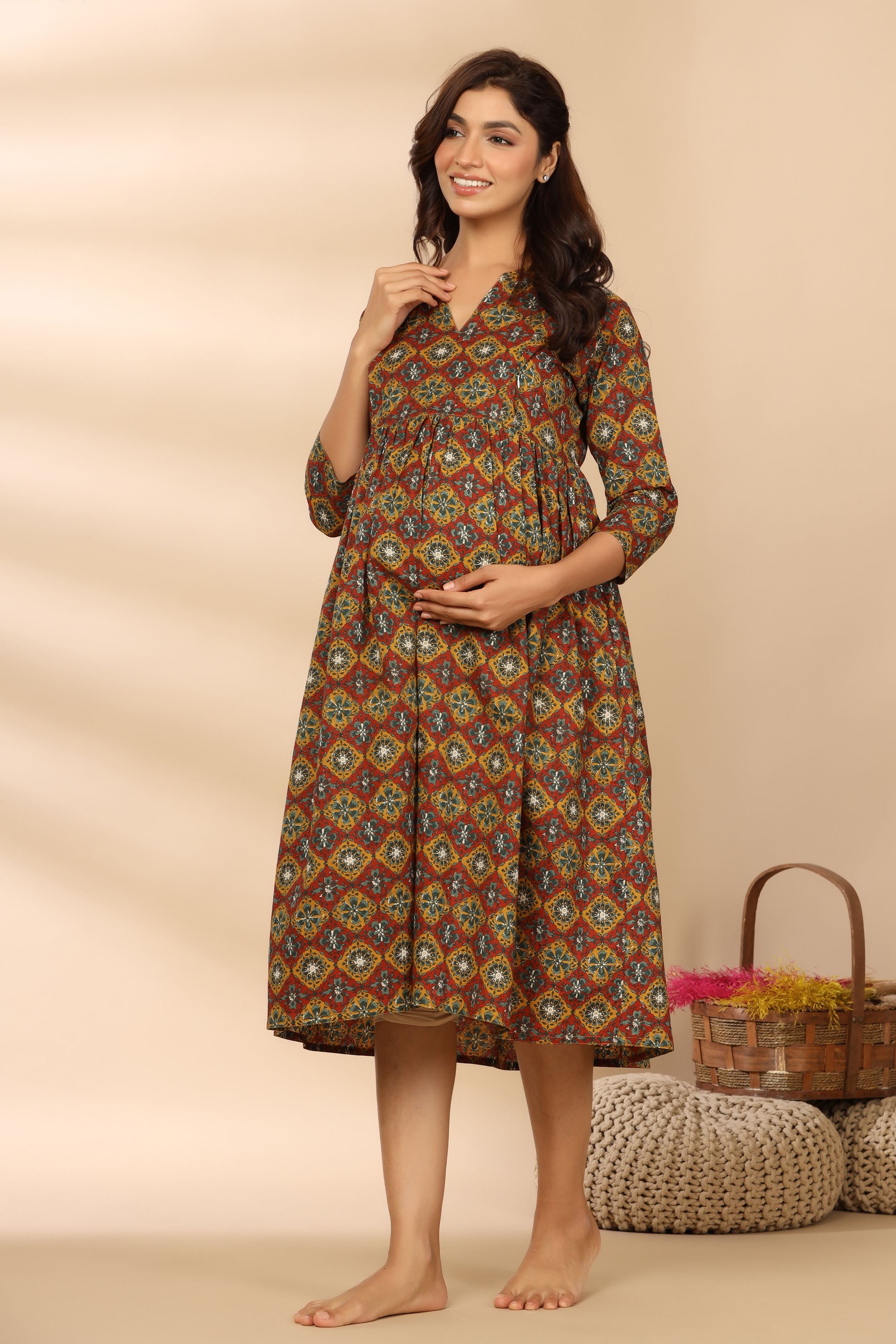 Goldrush Ajrakh Cotton Maternity - Nursing Dress