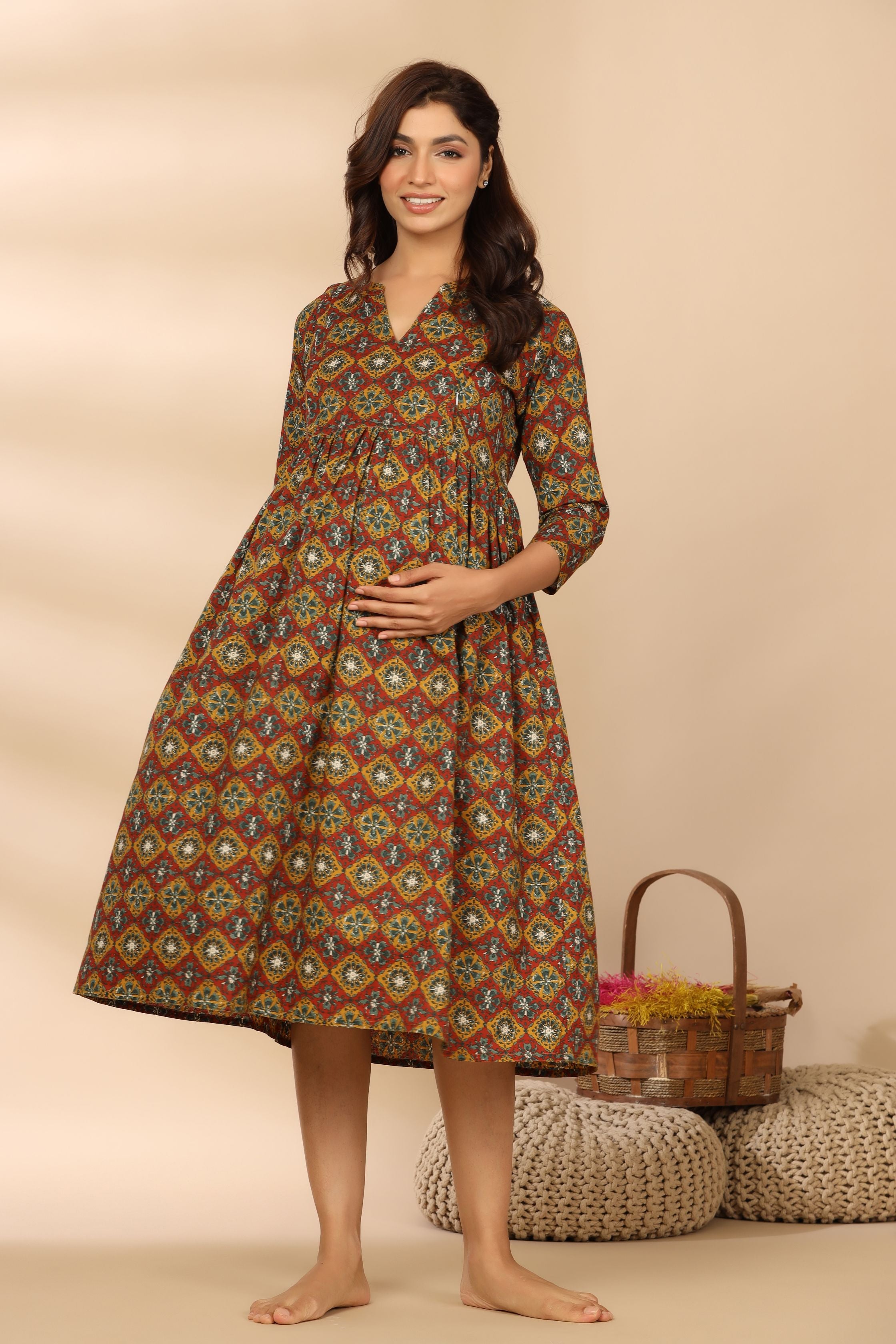 Goldrush Ajrakh Cotton Maternity - Nursing Dress