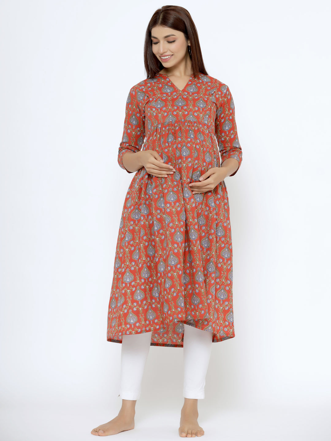 Crimson Red Cotton Maternity - Nursing Kurta