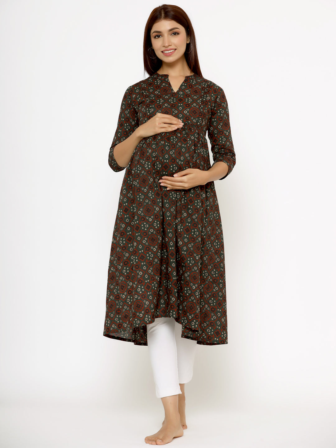 Seaweed Ajrakh Cotton Maternity - Nursing Kurta