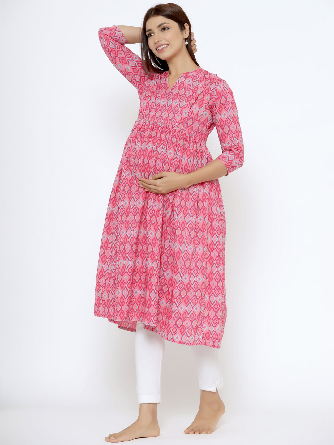 Flamingo Pink Ikkat Cotton Maternity - Nursing Kurta