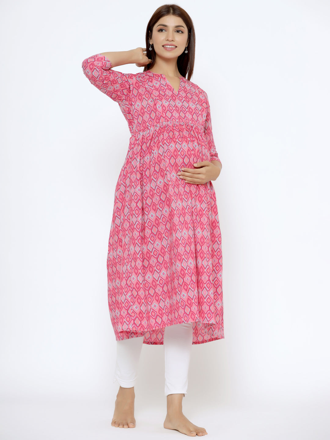 Flamingo Pink Ikkat Cotton Maternity - Nursing Kurta