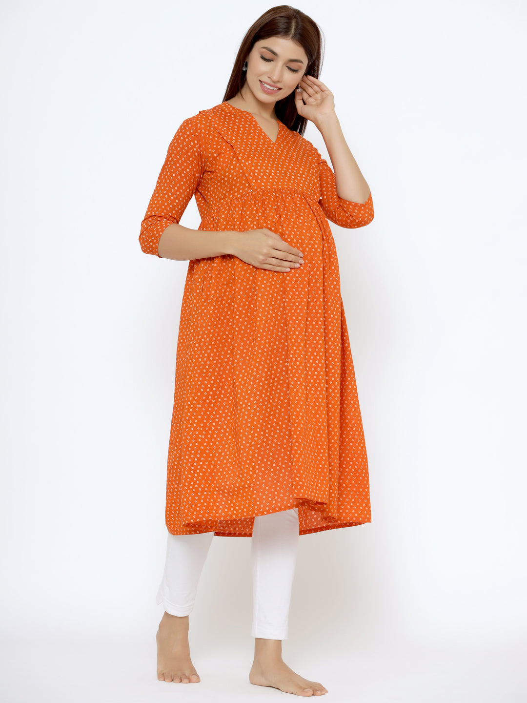 Bright Tangerine Bandhani Cotton Maternity - Nursing Kurta