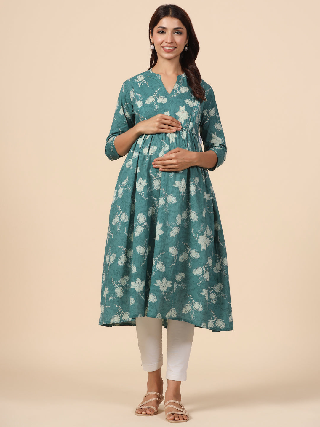 Pine Green Floral Cotton Maternity - Nursing Kurta