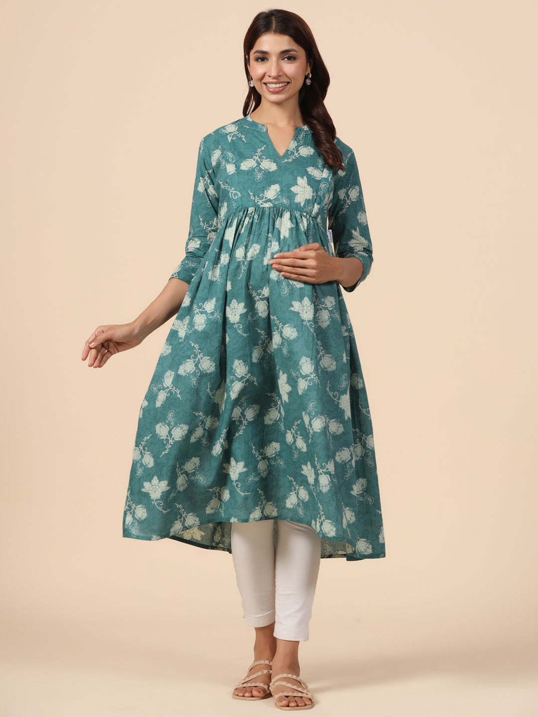 Pine Green Floral Cotton Maternity - Nursing Kurta