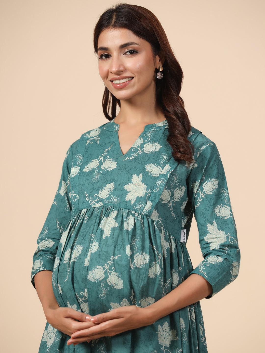 Pine Green Floral Cotton Maternity - Nursing Kurta