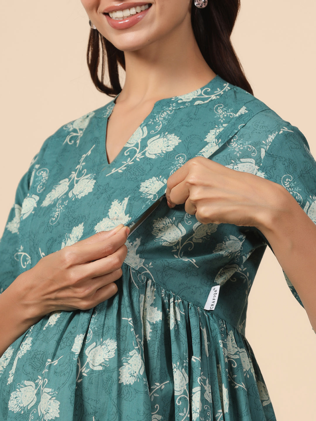 Pine Green Floral Cotton Maternity - Nursing Kurta