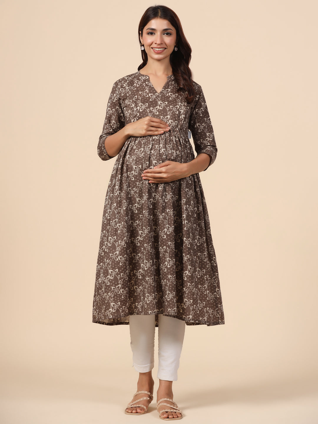 Fossil Grey Leaf Cotton Maternity - Nursing Kurta