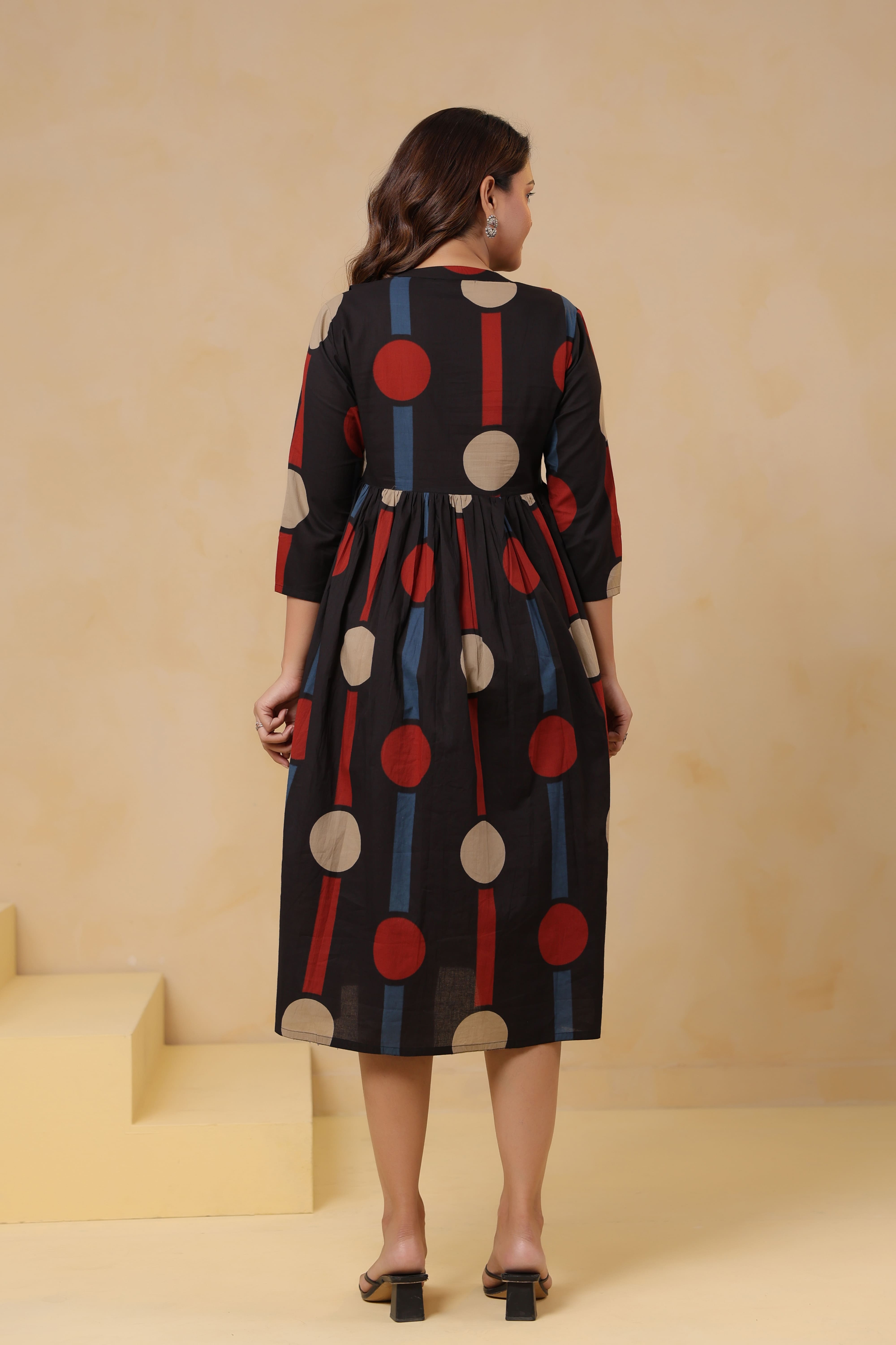 Black Geometric Ajrakh Cotton Maternity - Nursing Dress